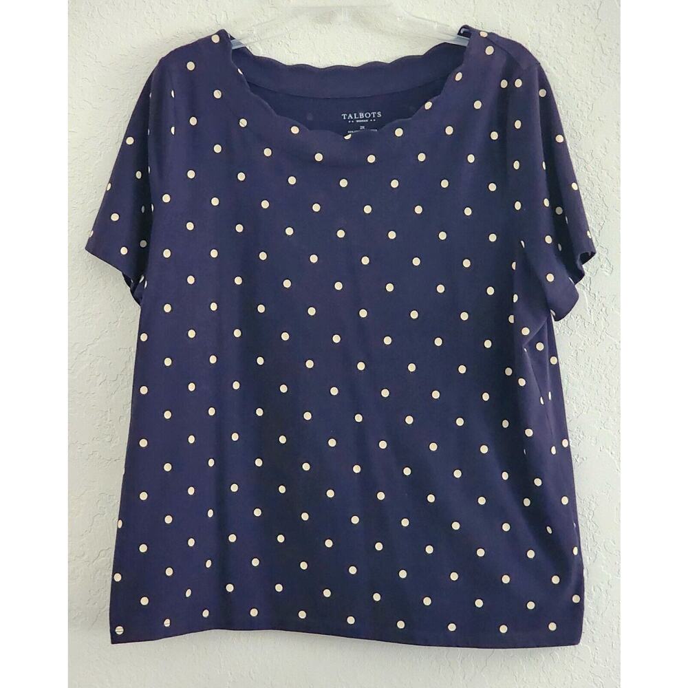 Top/Blouse-Talbots-Navy Blue-Cream Polka Dots-Short Sleeves-Scalloped Neck-2XL